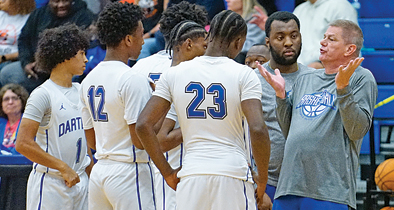 Head coach of the Apopka boys basketball team, Scott Williams, talks with his team during a timeout.