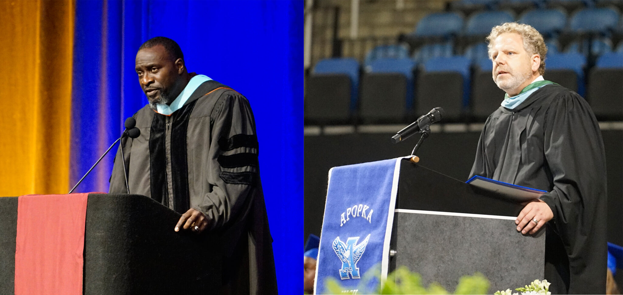 On the left is Wekiva High School's principal, Anthony Russell, who addresses the Mustang class of 2025 during the graduation ceremony. On the right is Apopka High School's principal, Lyle Heinz, speaking with the Blue Darter class of 2025.