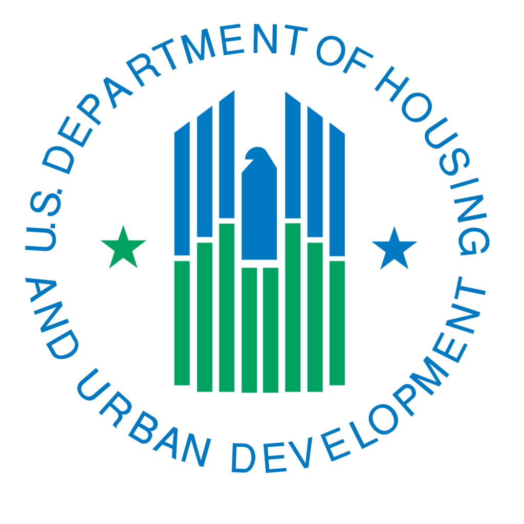 A green-and-blue government seal, with the middle of the logo shaped like an "H" and one star on either side of this H. The words "U.S. Department of Housing and Urban Department" encircles this "H"-shaped image.