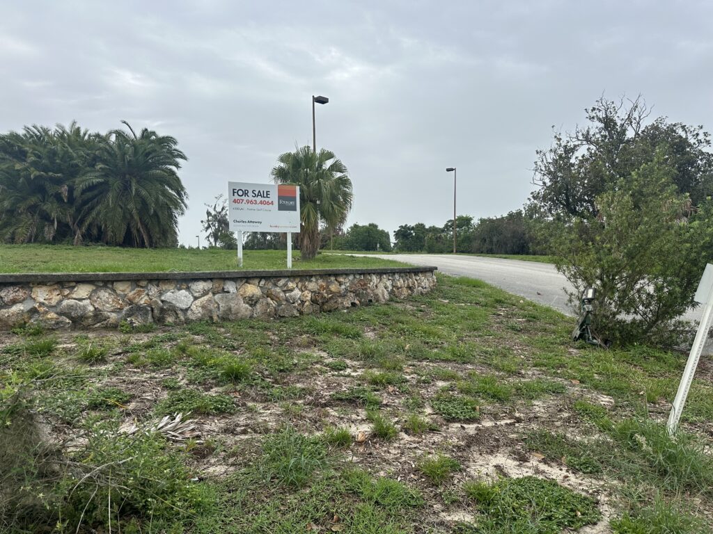 A "For Sale" sign is posted on grass next to a road.