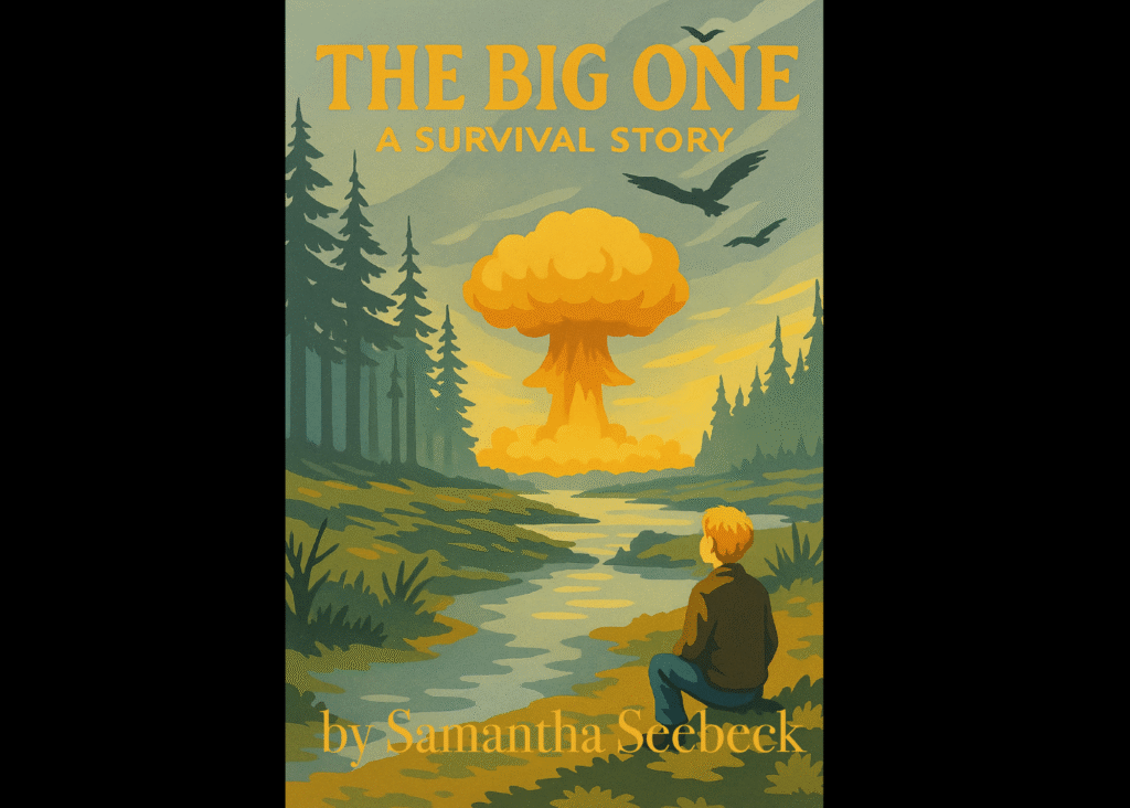 Cover of the novel "The Big One." A boy in the lower right hand corner is on one knee, watching an explosion occur in the background. He is in the forest, next to a river. Birds fly overhead.