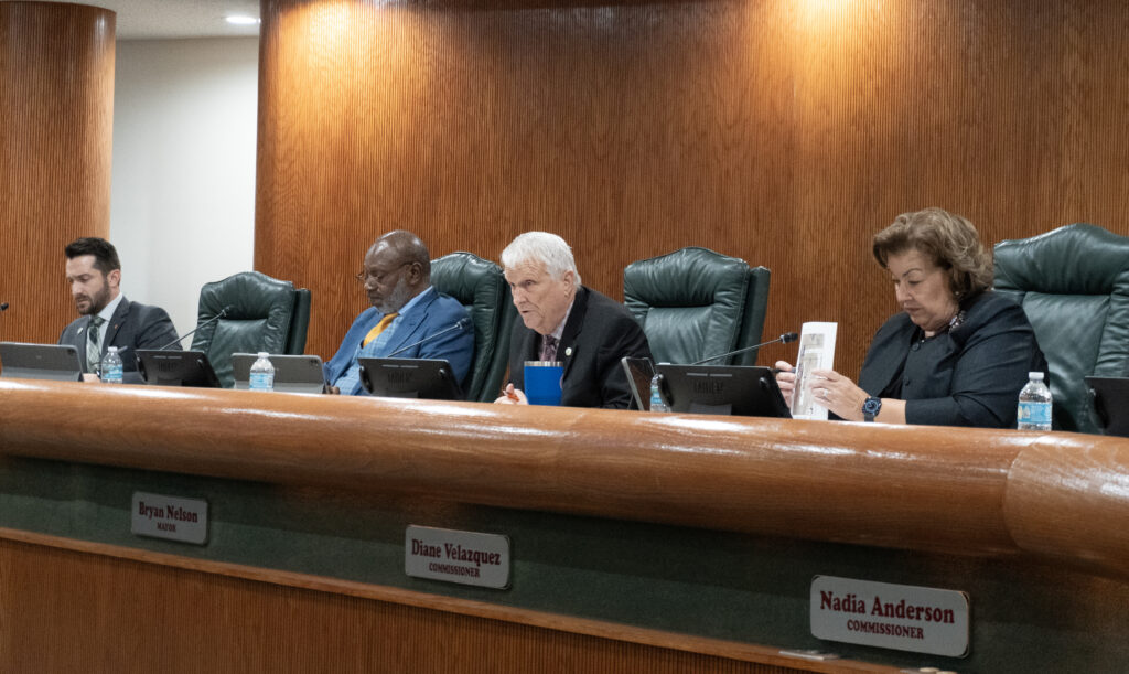 Commissioner Nick Nesta, Commissioner Alexander H. Smith, Mayor Bryan Nelson, and Vice Mayor Diane Velazquez sit on the dais at the Sept. 3 City Council meeting.