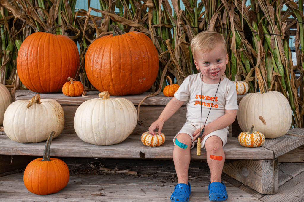 A young boy poses with pumpkins on the opening day of Great Scott Farms’ Fall Festival, which runs every Saturday and Sunday through Nov. 16.