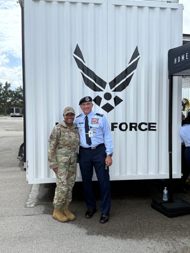 Air Force recruiter Aguayo Milord and Wekiva High School JROTC instructor Scott Stewart worked together to bring the simulator to Wekiva High School.