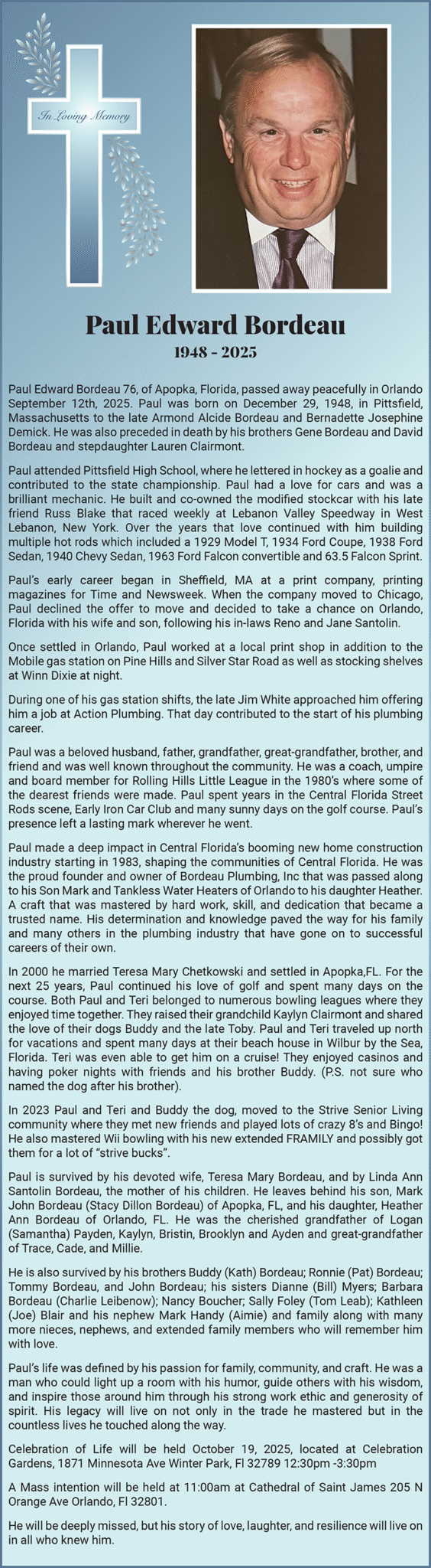 Obituary Paul Edward Bordeau