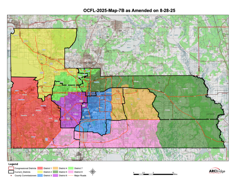Orange County Board of County Commissioners adopted Map 7B as the newly redistricted map, which adds two more districts to make eight.
