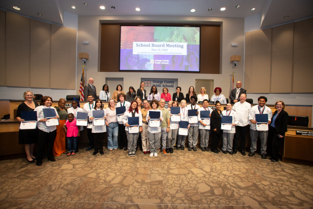 The Orange County Public Schools school board recognizes 2024-25 Wekiva Culinary students at a May 13 meeting.