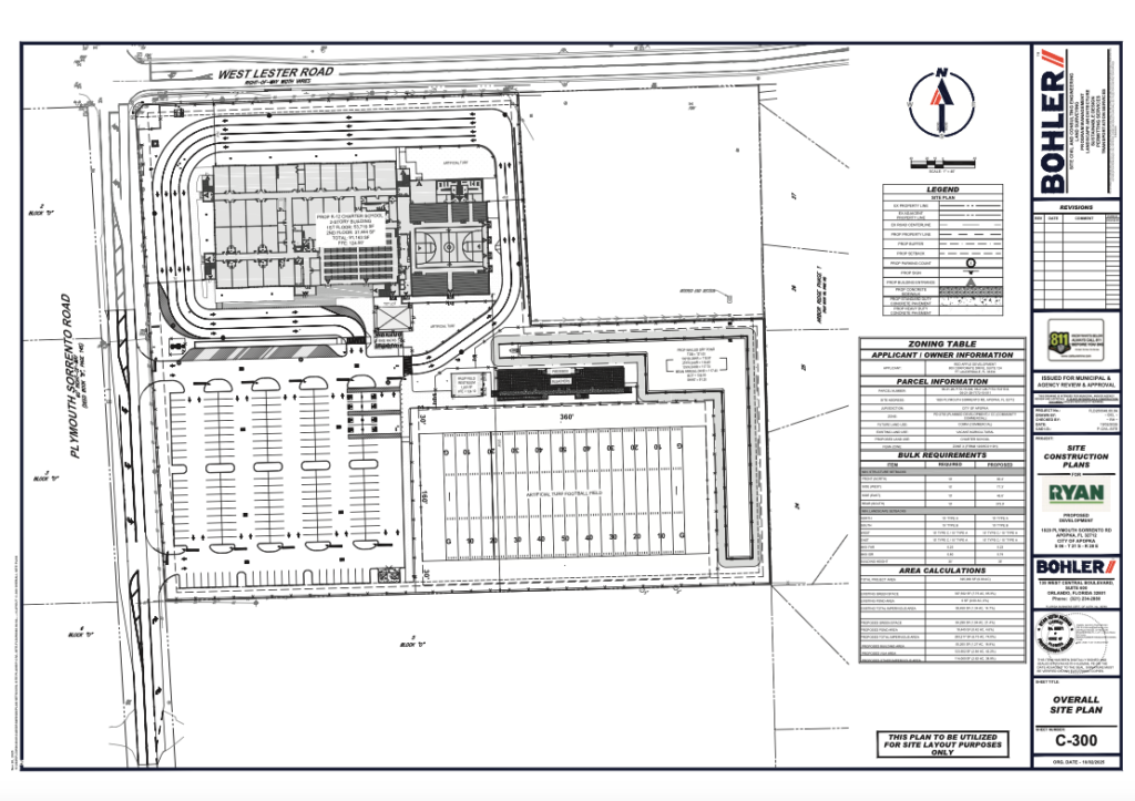 The construction site plan of the charter school includes a football field and a tot lot. Image courtesy of city of Apopka.