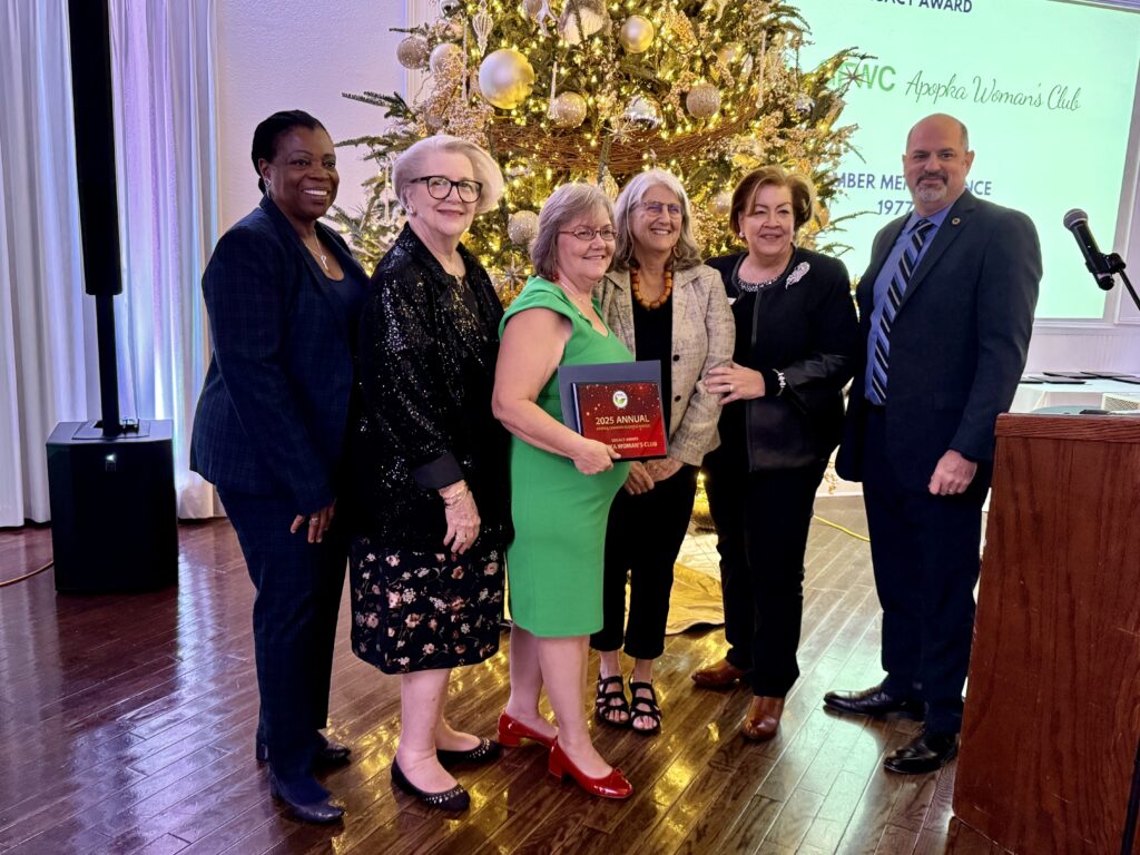 From left to right: Jackie Daly, Bev Winesburgh, Lorena Potter, Dr. Deborah Green, Vice Mayor Diane Velazquez and Chad Creech gather for a photo after the GFWC Apopka Woman’s Club is announced as the Legacy award winner.
