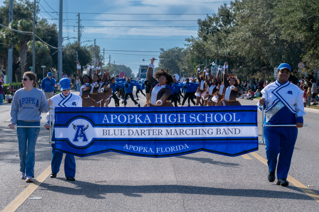 The Blue Darter Marching Band marches in style at the Christmas parade.