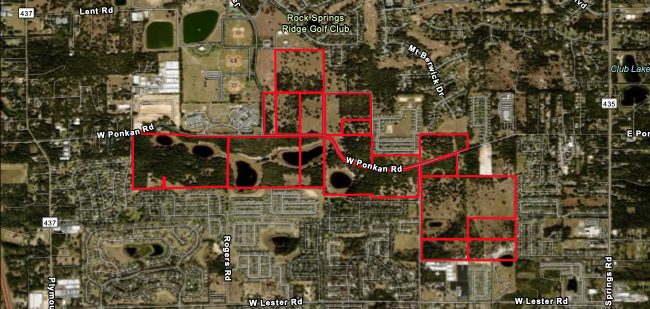 Paulucci Acres, outlined in read, is proposed as a 618-acre property comprised of over 1,000 homes located east of Vick Road and north of Ponkan Road.