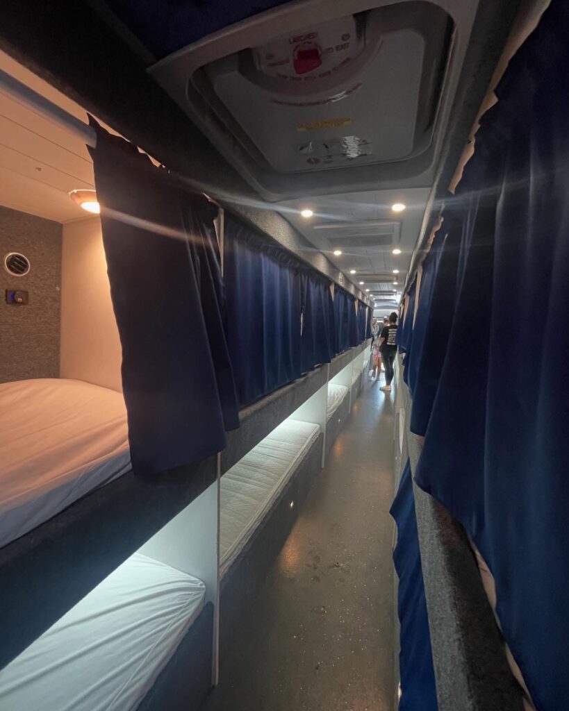 The interior of the sleeper bus, which has 20 beds to accommodate people up to three nights.