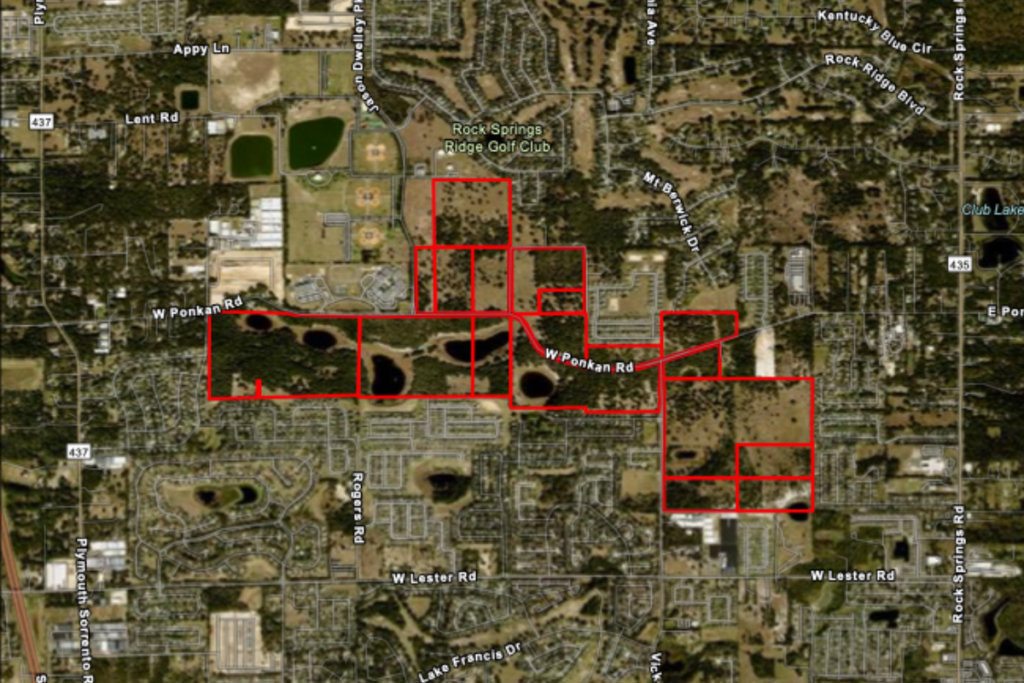 Paulucci Acres, outlined in red, is proposed as a 618-acre property comprised of over 1,000 homes located east of Vick Road and north of Ponkan Road.