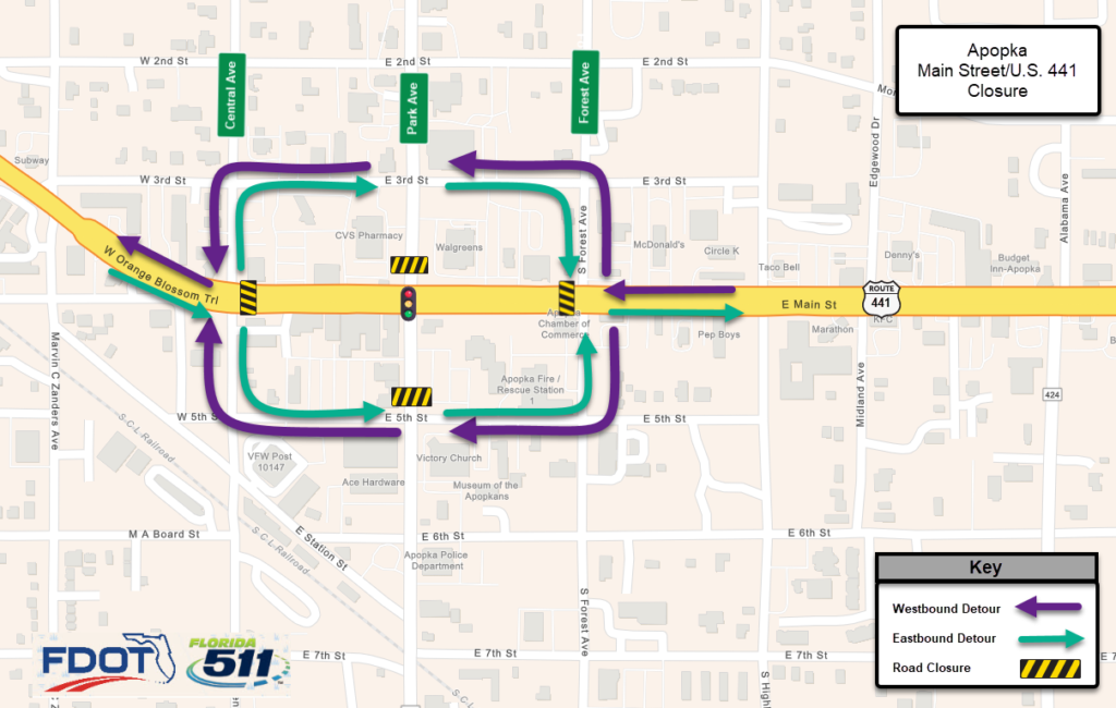 This FDOT map shows closure of U.S. 441-Main Street closure and detour routes.