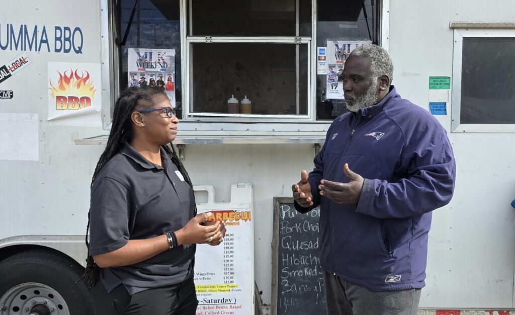 Tanaine Jenkins (l) meets with Clinton Stanley in Apopka this week to discuss justice reform with goal of building local support for future state and federal legislation.