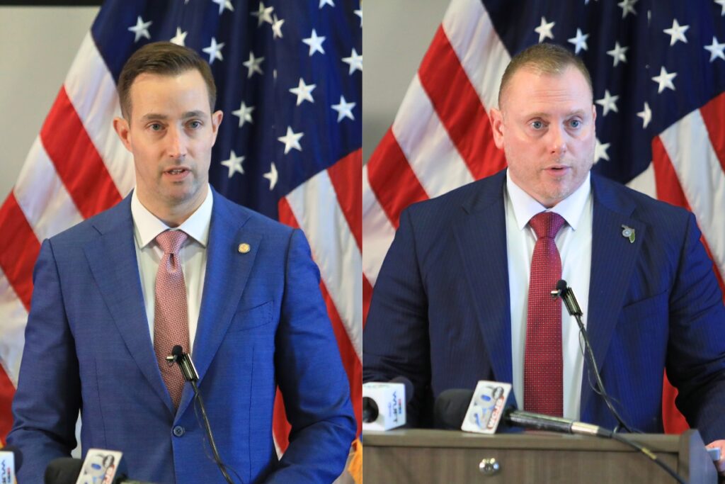 United States Attorney John Heekin (left) and FBI Special Agent in Charge Jason Carley announced a conviction and sentencing against a fraud courier following a Gainesville arrest.