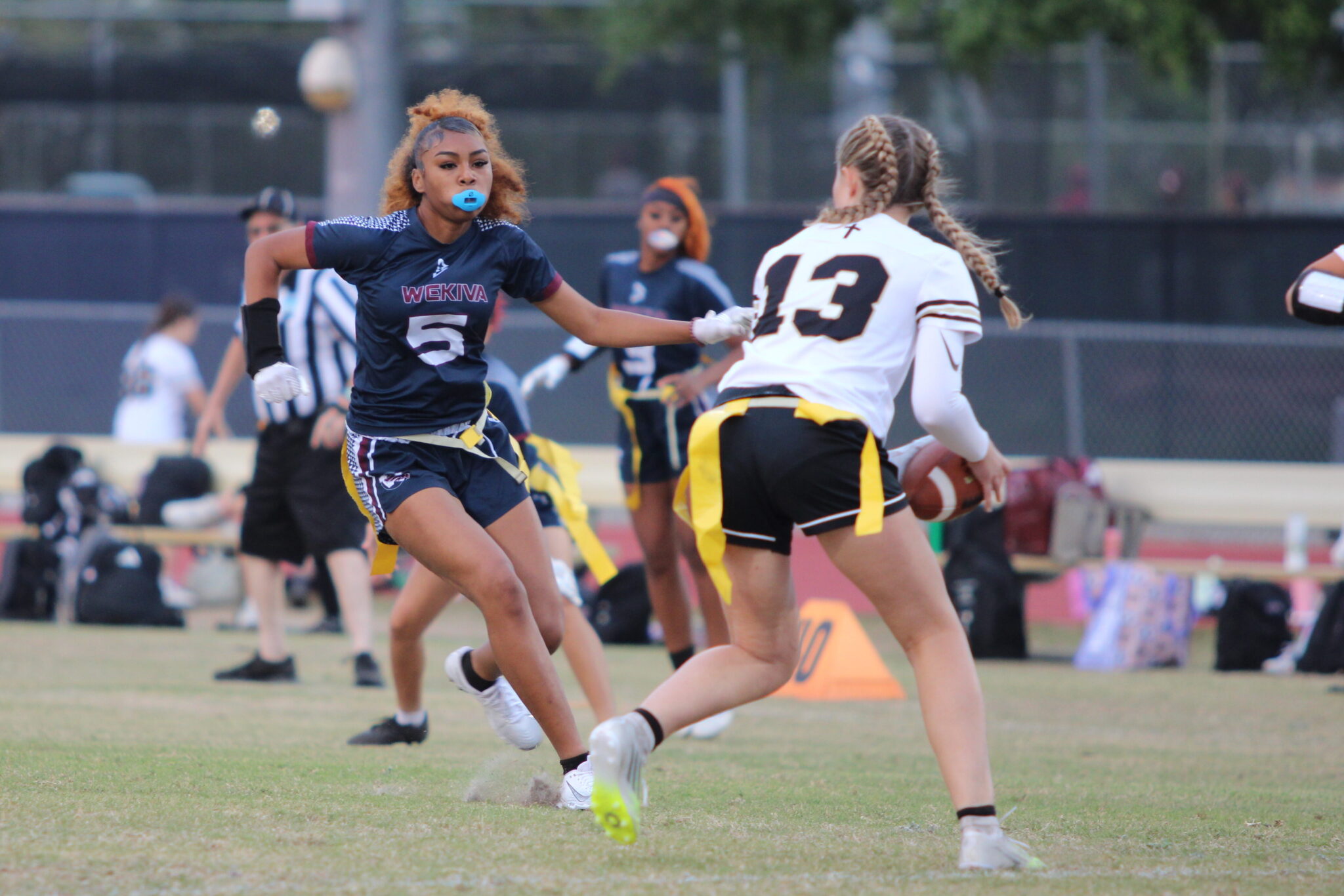 Ayonna Hunt disrupts the pocket and pressures the Bishop Moore QB