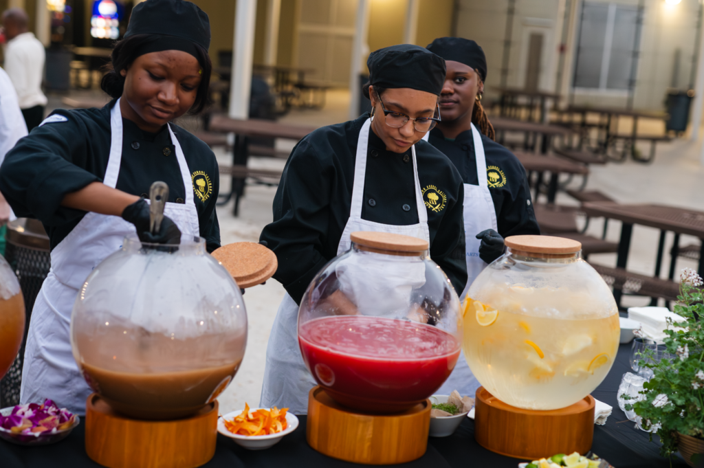 The menu included five specialty drinks taught to the students by Kiki Cortello and Brooke Turner of Walt Disney World: toasted sugar and charred lemon oolong tea; strawberry and black pepper tomato water infusion; brown butter, honey and orange peel rice milk; tropical punch; and sour cherry punch.