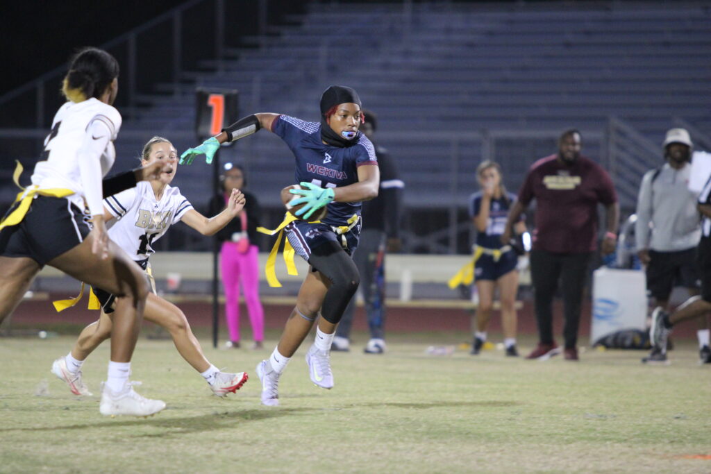 Makayla Bell makes a defender miss and looks for open space in the second half against Bishop Moore