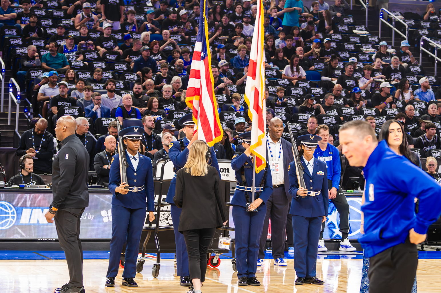 Wekiva color guard awaits the National Anthem prior to game 3 of the Orlando Magic vs Detroit Pistons playoff series