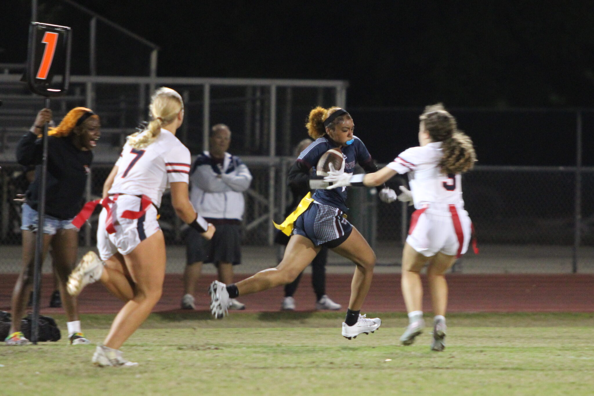 Ayonna Hunt makes a defender miss down the sideline to score a touchdown