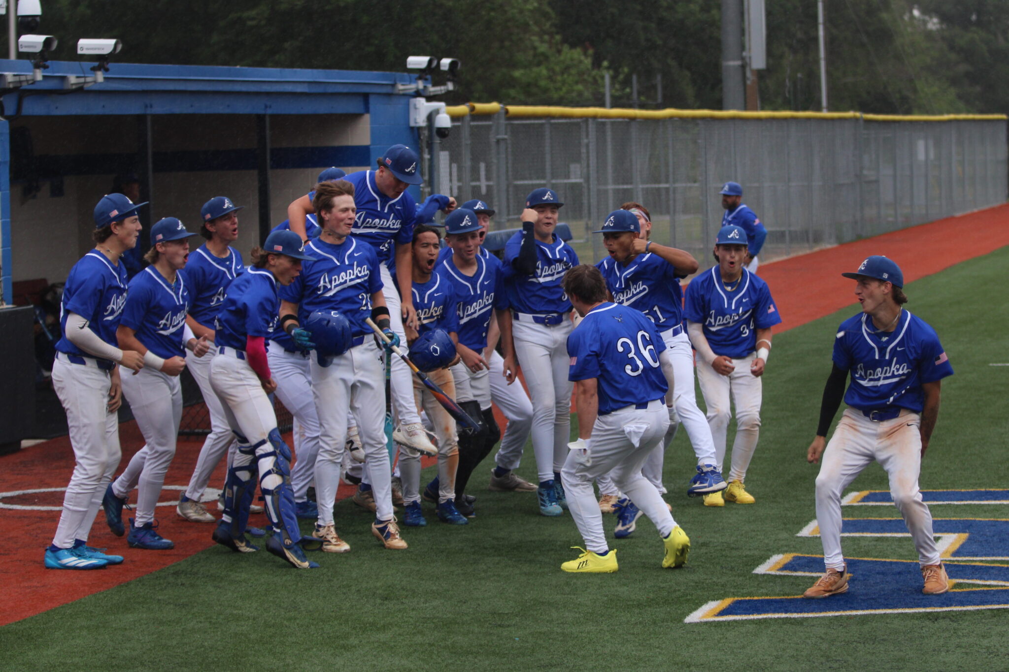 Blue Darters celebrate Collin Van Fleets leadoff homerun