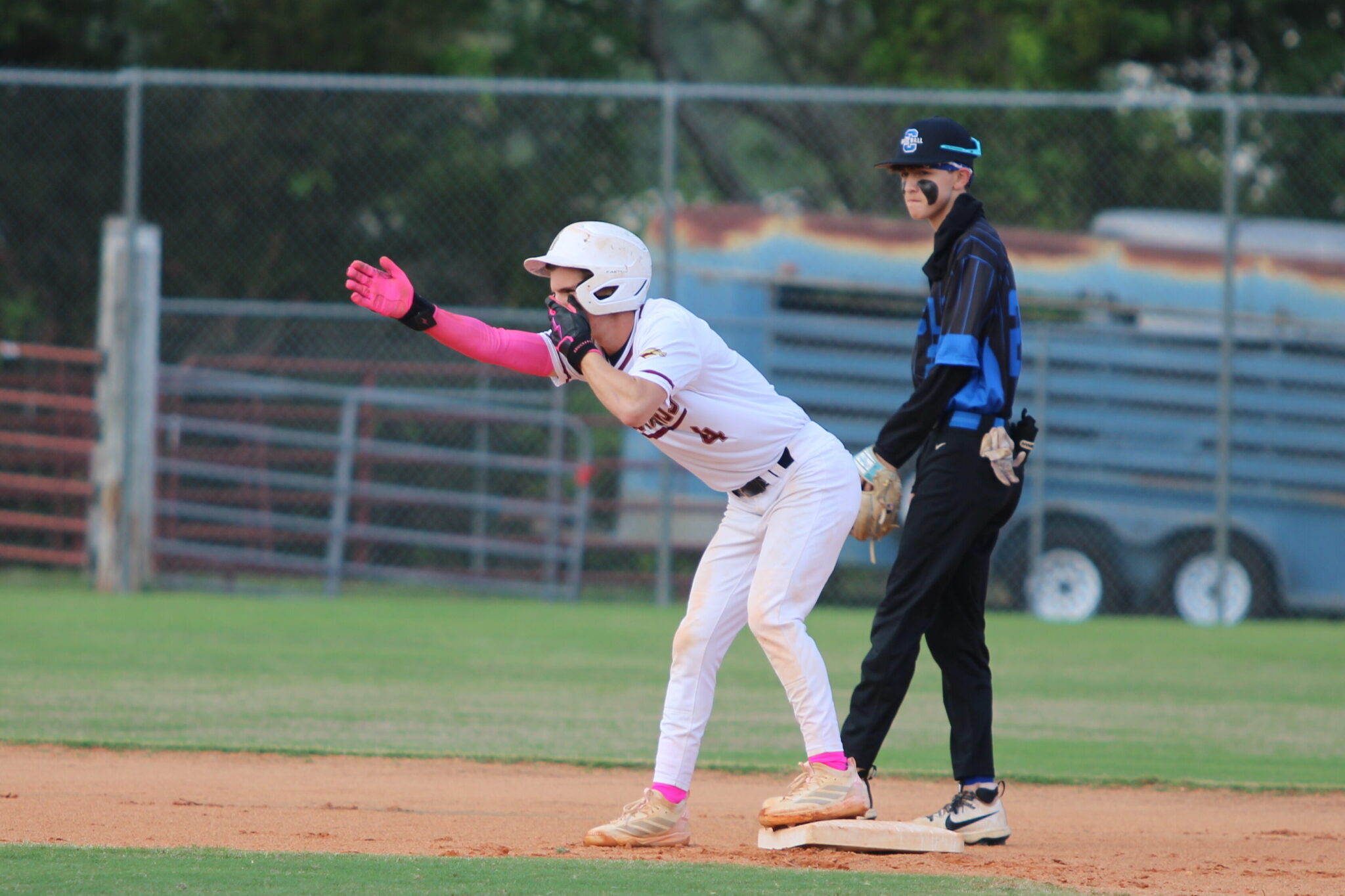 Brady Reinert hits the Zombieland celebration after his leadoff double to left field