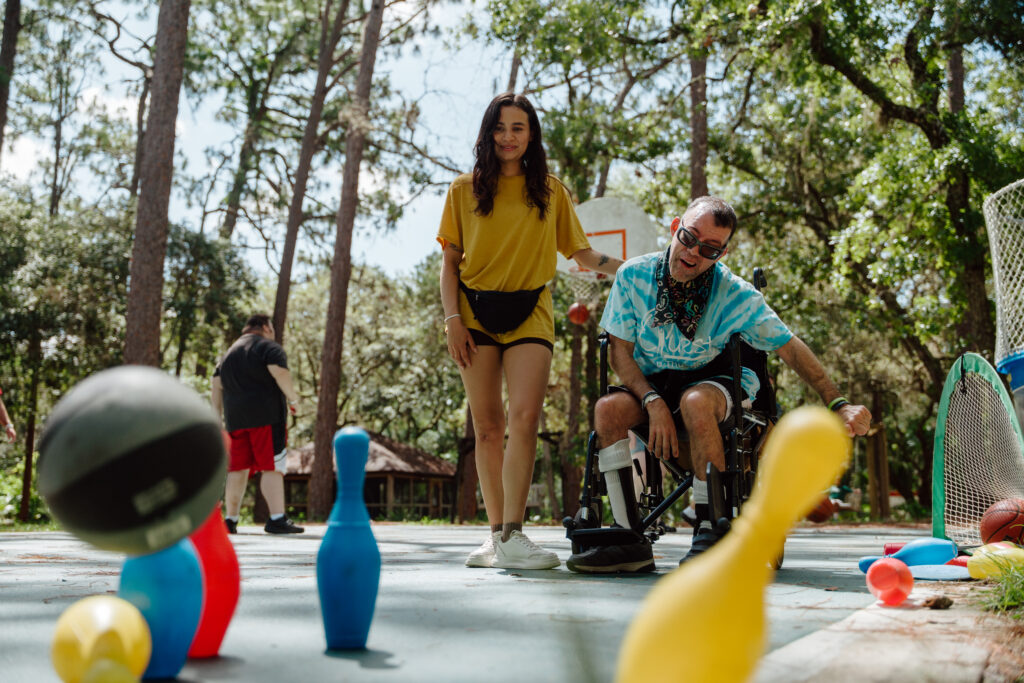 Camp Thunderbird offers guests several activities, including bowling on the basketball court.