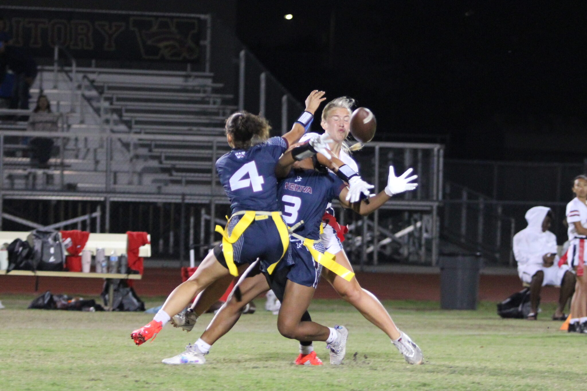 Dangerous collision at midfield results in a great pass breakup on fourth down for the Mustangs