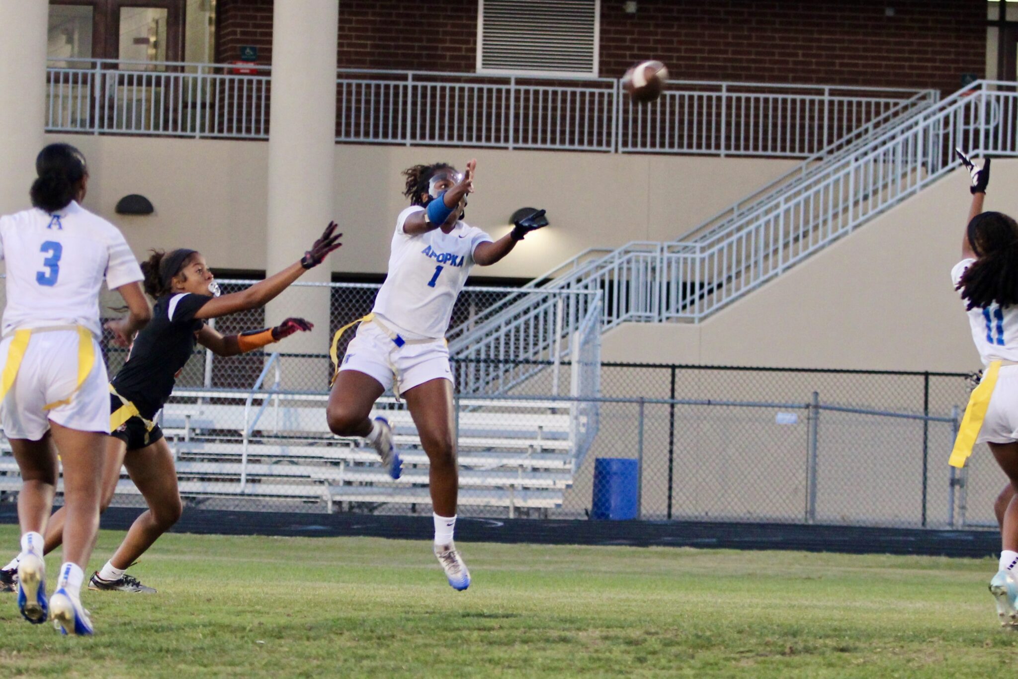 Elyse Pringle jumps in front of the Seminole receiver to intercept a pass in the end zone