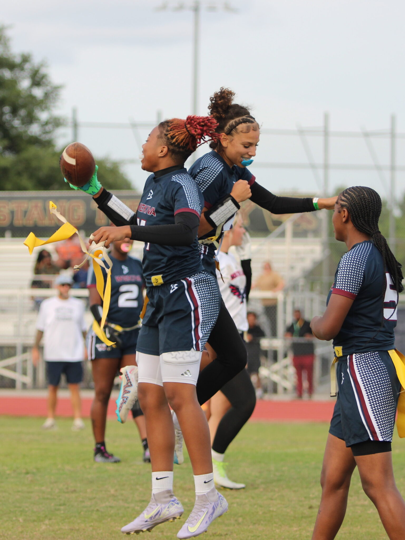 Makayla Bell and Kiamora Antrum shoulder bump after their touchdown connection in the third quarter