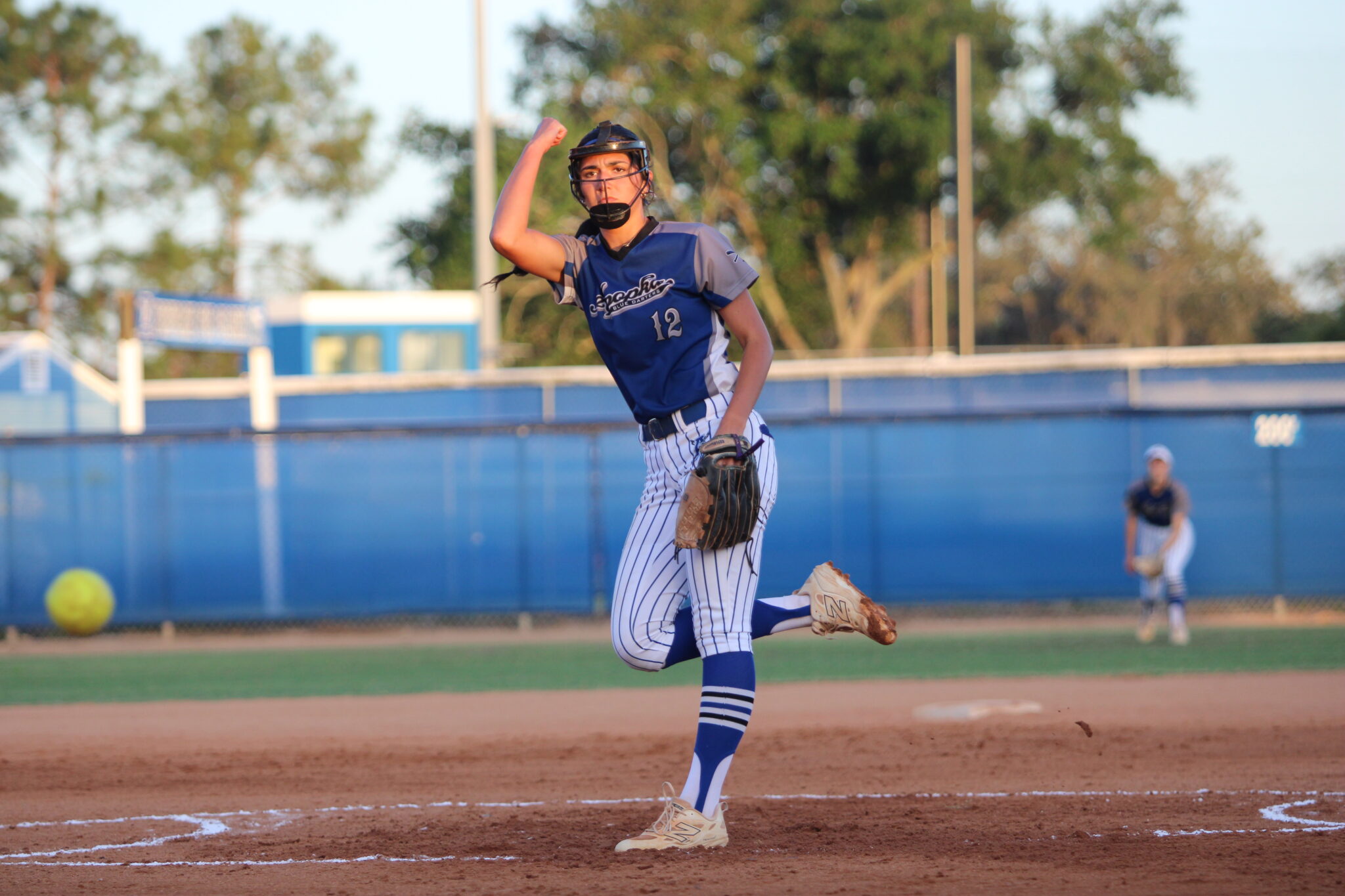 Mia Aeschilman throws in a dart against Seminole during her complete 7 scoreless innings