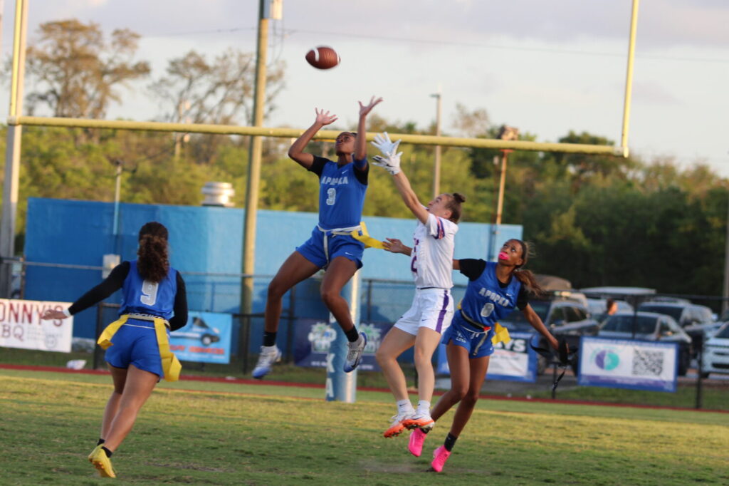Mikayla Wiggins leaps up to swat the ball away from the Hawk receiver in the first quarter