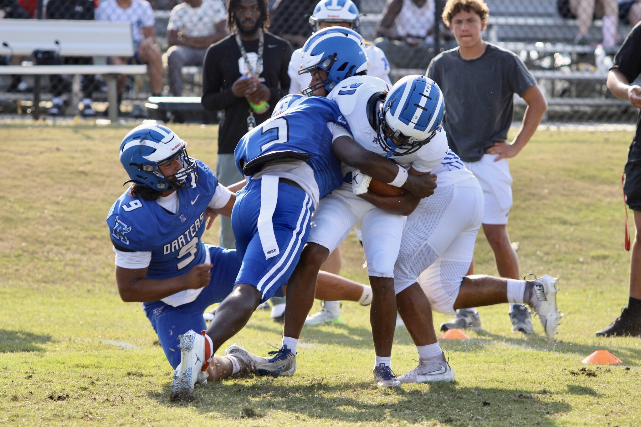 Kaden Lovett makes a huge hit on the ballcarrier during the Oklahoma drill.