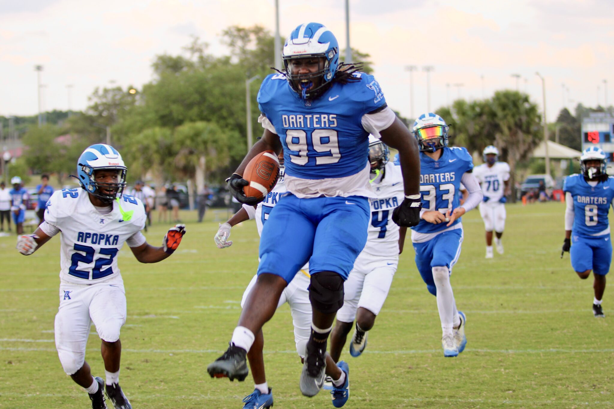 DT Demetri Tarpley jumps into the end zone after his rumbling pick six
