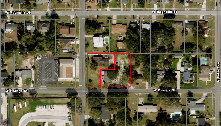 A proposed eight-unit townhome development would have been built on properties outlined in red at 171 W. Orange St. and 15 N. Washington Ave. near downtown Apopka. The Apopka City Commission voted unanimously May 6 to deny a future land use amendment tied to the project.