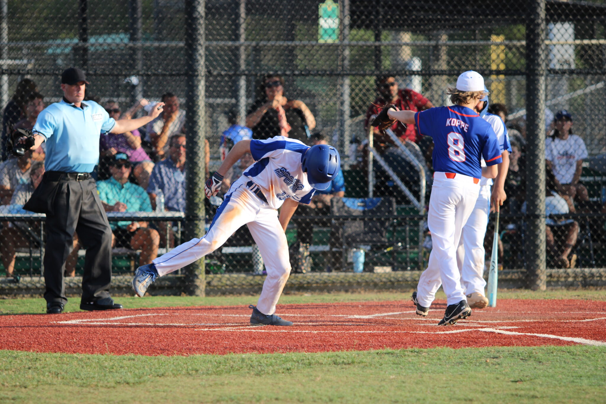 Austin Furgala ruled safe at the plate in the second inning.