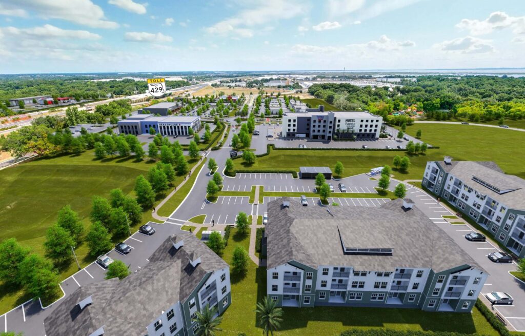 A conceptual rendering depicts the planned Floridian Town Center mixed-use development near State Road 429 in Apopka. The Apopka Development Review Committee is scheduled to review a plat application for a portion of the project during its July 1 meeting. 