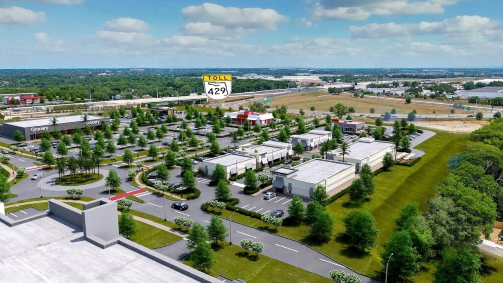 A rendering shows the planned Floridian Town Center mixed-use development west of State Road 429.