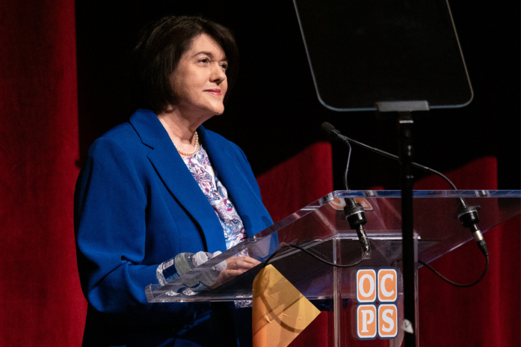Orange County Public Schools Superintendent Maria Vazquez speaks during the district's 2026 State of the Schools address on June 2 at Edgewater High School.
