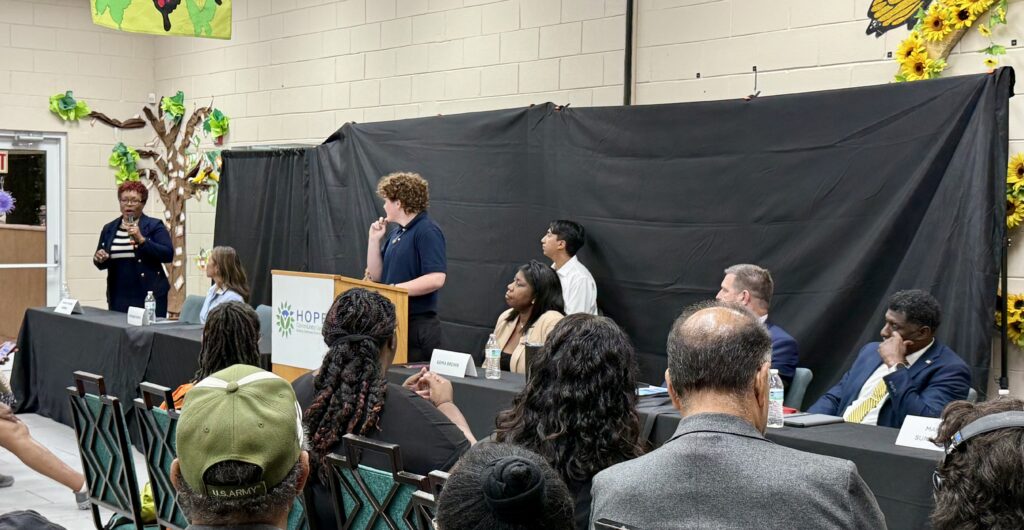 Tiffany Moore Russell, one of the Orange County mayoral candidates, speaks at the June 18 forum at Hope CommUnity Center.