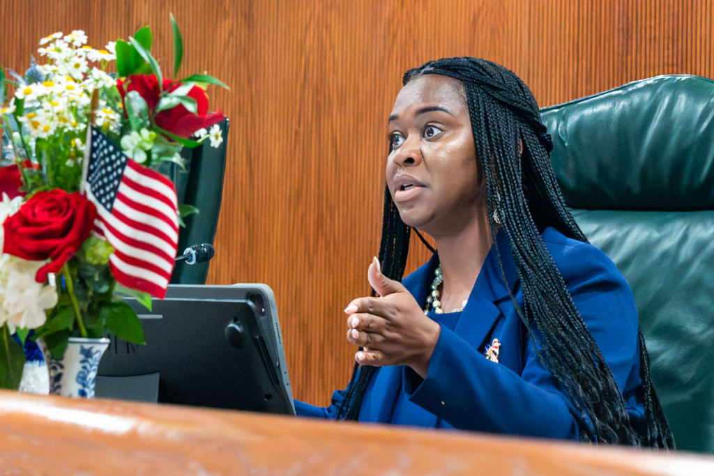 Commissioner Nadia Anderson speaks at a City Commission meeting