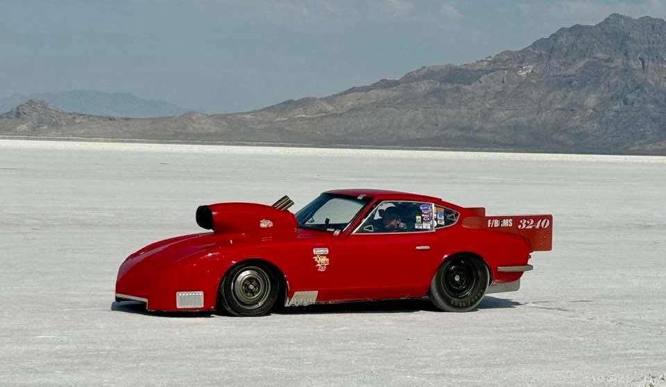 Carson May driving the 1972 Datsun 240Z at Bonneville Salt Flats.
