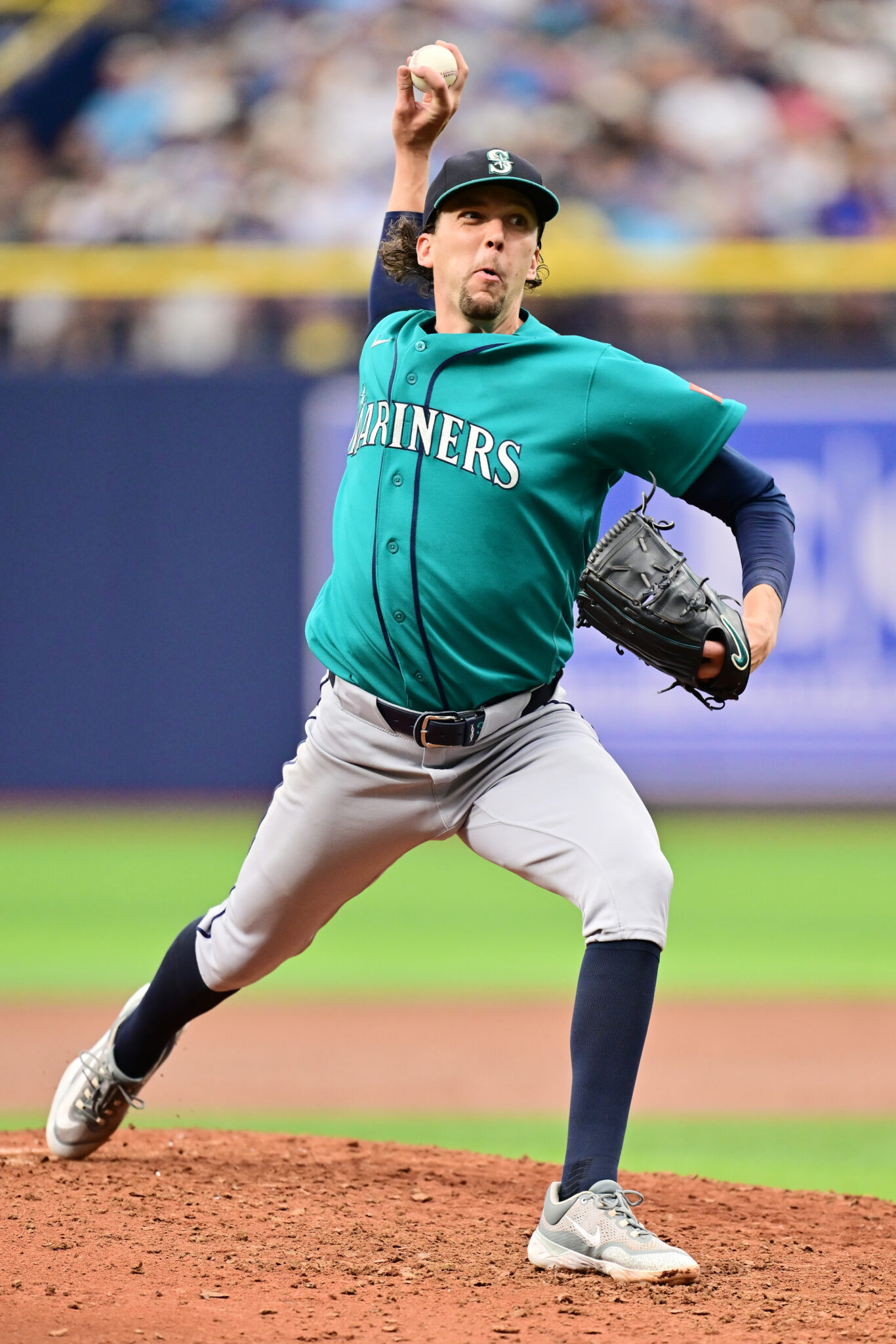 Logan Gilbert #36 of the Seattle Mariners delivers a pitch in the third inning against the Tampa Bay Rays at Tropicana Field on July 11, 2026 in St Petersburg, Florida.