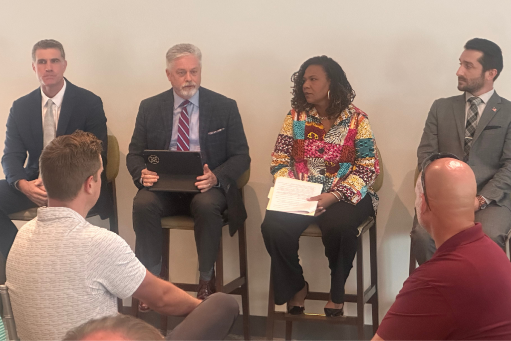 From left, Greater Orlando Builders Association Government and Legal Affairs Director Raleigh “Lee” Steinhauer, state Rep. Doug Bankson, state Sen. LaVon Bracy Davis and Apopka Mayor Nick Nesta discuss the proposed property tax amendment and other issues from the 2026 legislative session during Tuesday's Apopka Area Chamber of Commerce Capitol Connection Legislative Wrap-Up luncheon.