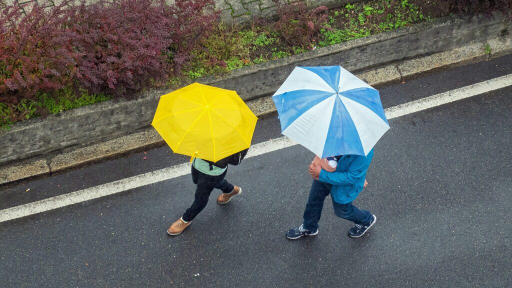 Two children walking in the rain with colorful umbrellas