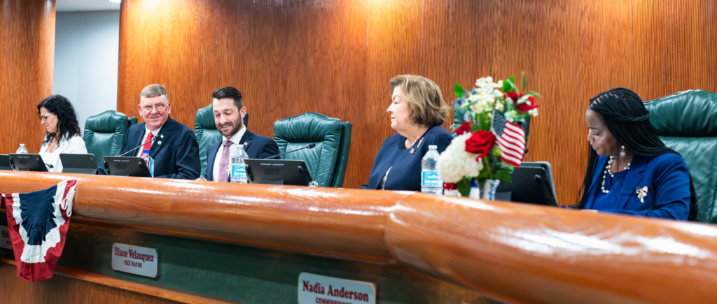 Members of the Apopka City Commission sit on the dais during the commission’s July 1 meeting at Apopka City Hall. The commission will consider several measures Aug. 19 addressing meeting procedures, public participation and appointments to city and additional boards.