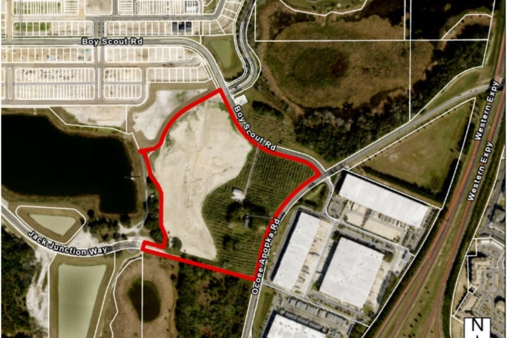 An aerial map shows the site of the proposed 363-unit The Ridge Phase 3 multifamily development, outlined in red near Boy Scout Road and Ocoee Apopka Road. The Apopka City Commission approved the project’s major development plan on Aug. 5.