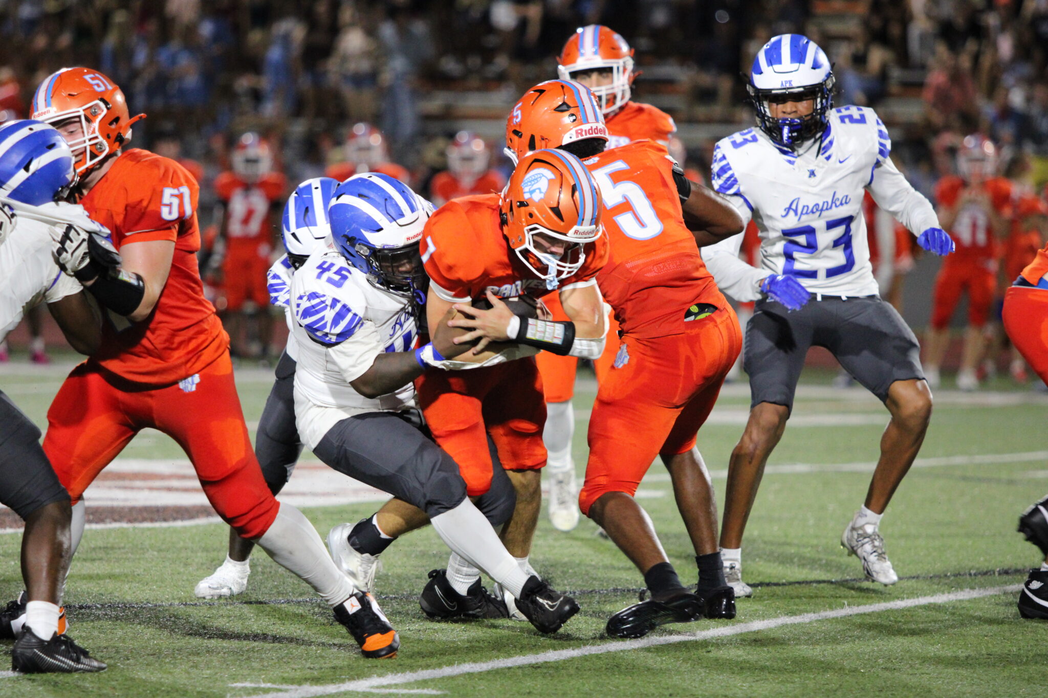 Elijah Adams brings down a Boone ball carrier.