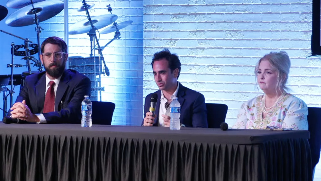 From left to right: Alex Newman, Alex Dray and Amy Kremer discuss AI and education at Thursday night's symposium.